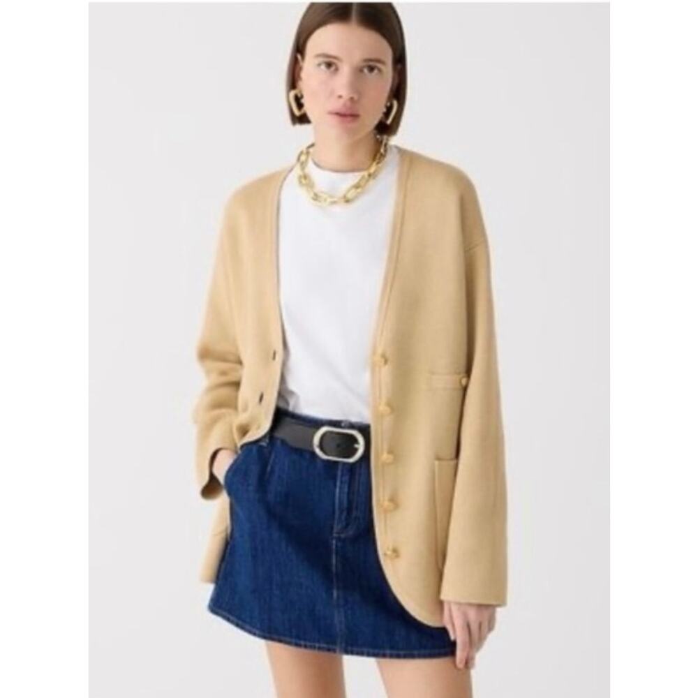 J. Crew Tan Cotton Long V-Neck XL Sweater Blazer Gold Buttons Oversize NWT Luxe